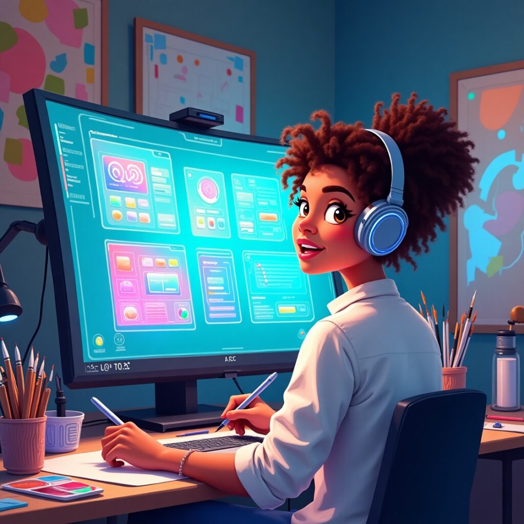 AI-generated image of a woman creating digital art using an AI tool, surrounded by vibrant colors and futuristic technology.