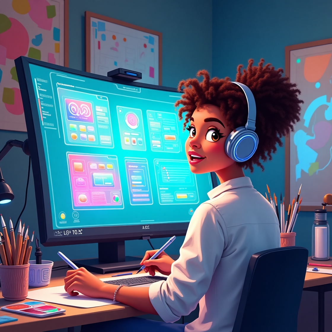 AI-generated image of a woman creating digital art using an AI tool, surrounded by vibrant colors and futuristic technology.