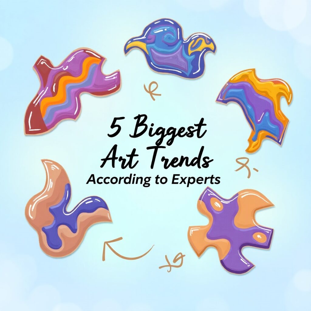 Graphic with the blog title '5 Biggest Art Trends According to Experts' in bold, modern typography, set against a creative, colorful background